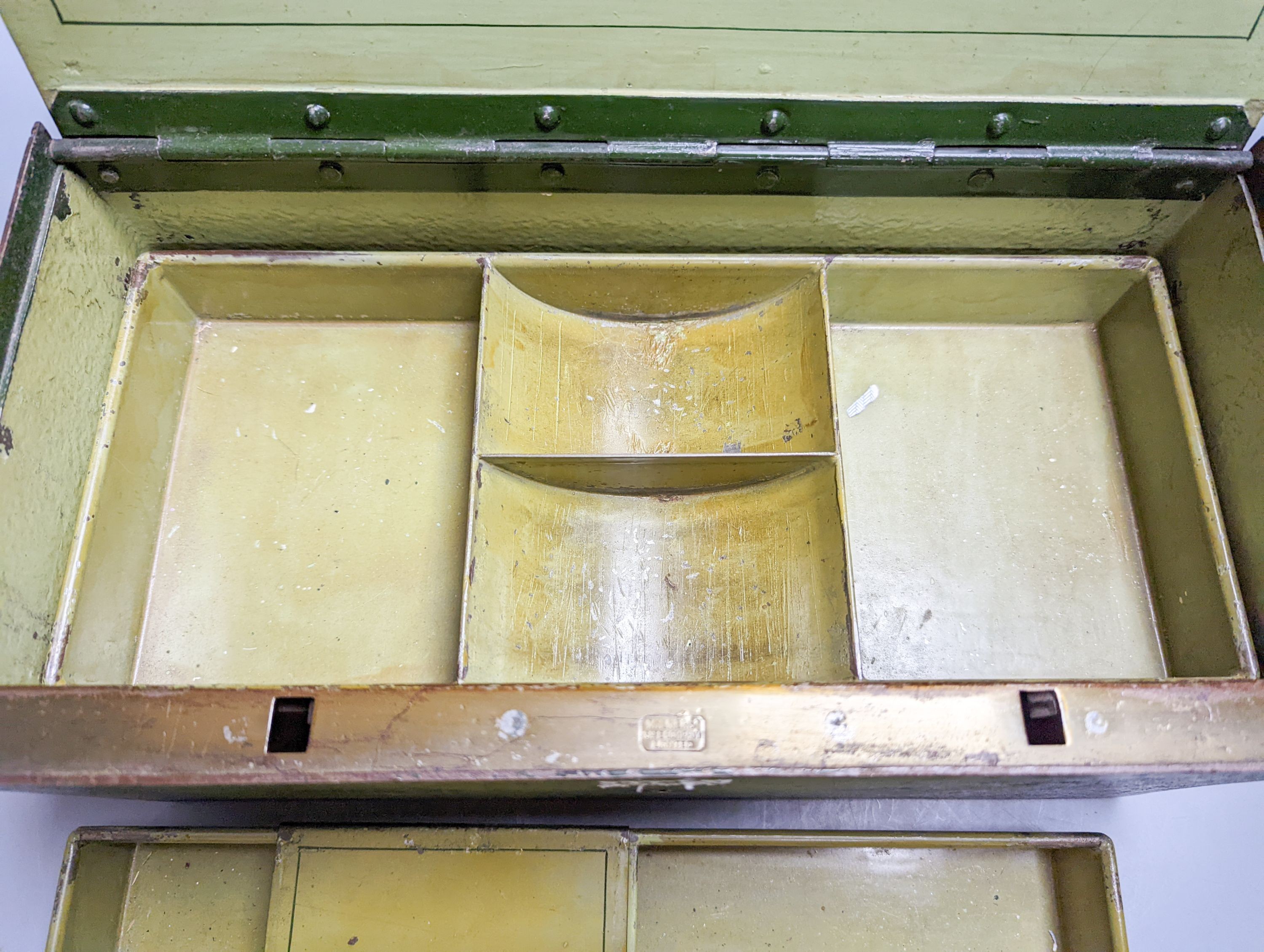 A Victorian painted iron strongbox with key by Milners